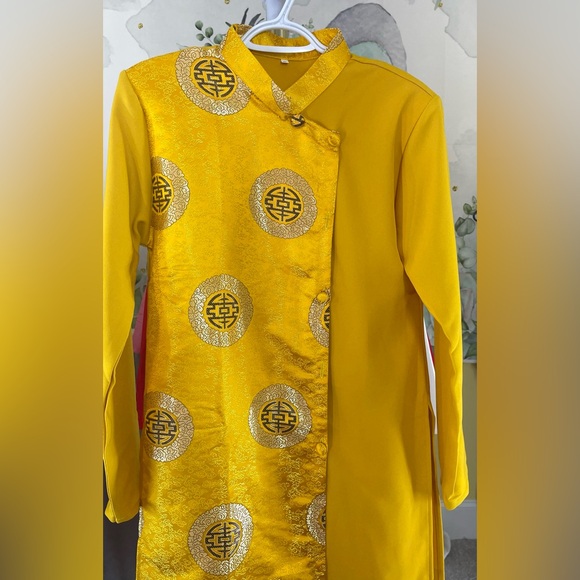 ao dai gam cach Tan Nam, Vietnamese Men’ contemporary long dress top l xl yellow - Picture 3 of 4